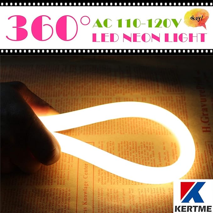 360° Neon Led Type AC 110-120V 360 Degree NEON LED Light Strip, Flexible/Waterproof/Dimmable/Multi-Modes LED Rope Light + Remote for Home/Garden/Building Decor (65.6ft/20m, Warm White 3500K)