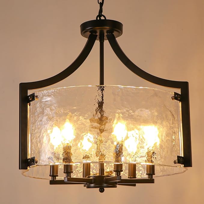 6-Light Glass Chandelier for Dining Room, 19.3'' Modern Black Foyer Chandelier Convertible Semi Flush Mount Ceiling Light, Farmhouse Pendant Lighting for Entryway Foyer Bedroom Kitchen
