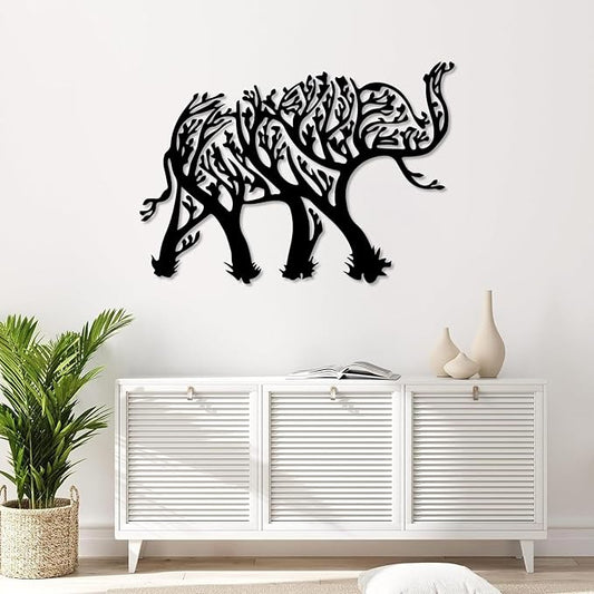 OSTCAL Metal Elephant Wall Decor, Metal Elephant Tree Wall Art, Geometric Elephant and Tree Decor, Animal Wall Art, Metal Wall Art, Wildlife Lover Gift, Home Decor (Black, 35"x25" | 90x64cm)