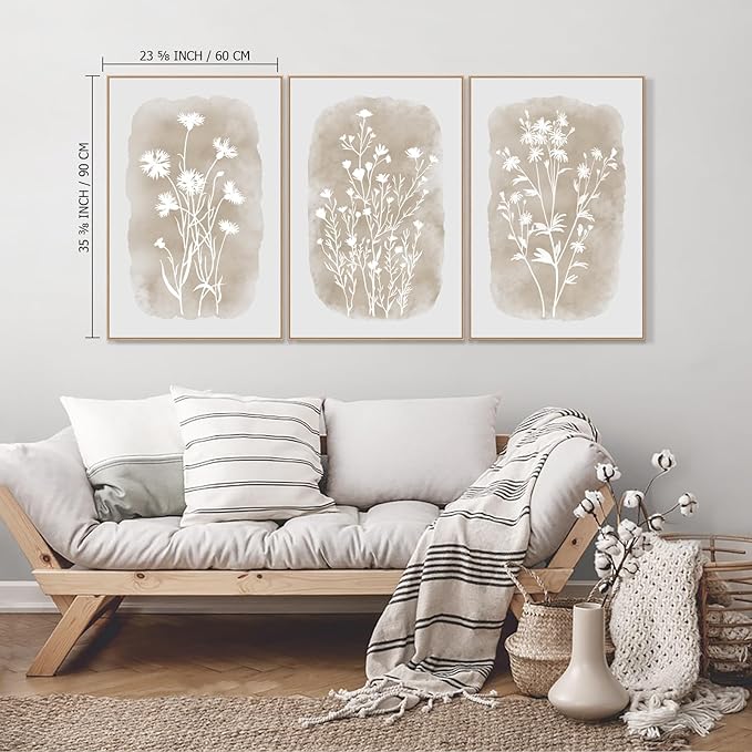 Neutral Wildflower Wall Art Framed Boho Botanical Large Vintage Farmhouse Minimalist Floral Beige Canvas Wall Decor Prints for Living Room Bedroom Office, 3 Panels, 24x36 Inch