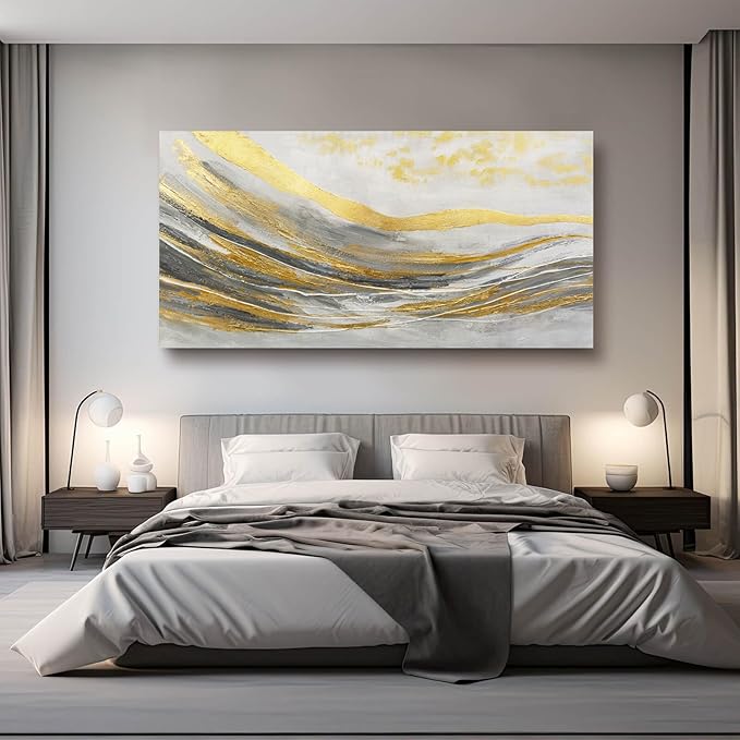 Artexist White Line Wall Paintings Modern Wall Art Gold Foil Photo Prints 29"x58" Large Dining Room Wall Decor Posters for Bedroom