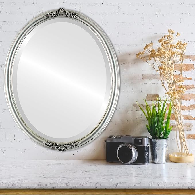 OVALCREST Oval Beveled Wall Mirror for Home Decor - Contessa Style - Silver Leaf with Black Antique - 26" x 20"