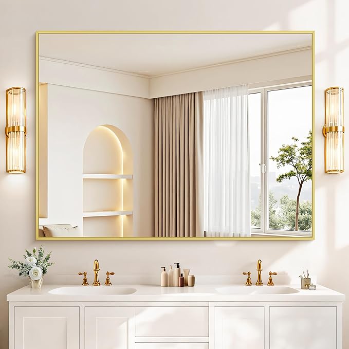 36x48inch Bathroom Mirror, Gold Rectangle Mirror with Thin Metal Frame, Large Rectangular Wall Mirrors for Bathroom, Living Room, Hair Salon, Big Farmhouse Mirror Hang Horizontal/Vertical