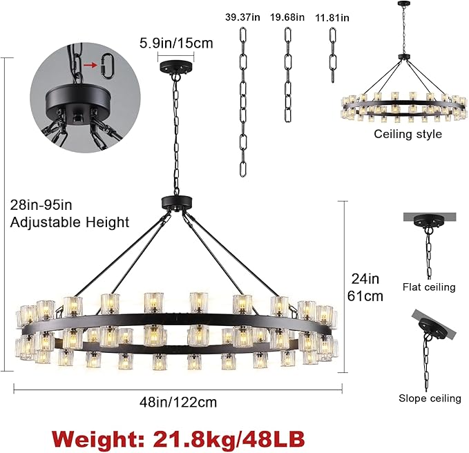 48 Inch Black Wagon Wheel Chandelier with Crystal Shade, Crystal Chandelier, Modern Farmhouse Style, Ideal for Dining Room, Kitchen, Entryways,48 Lights (Bulbs Included)
