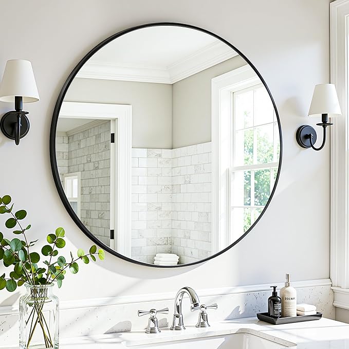 Antok Wall Mirror, 20"x20" Bathroom Vanity Mirror, Anti-Rust HD Tempered Glass, Wall Mounted Mirrors for Living Room, Entryway, Black Frame, Round