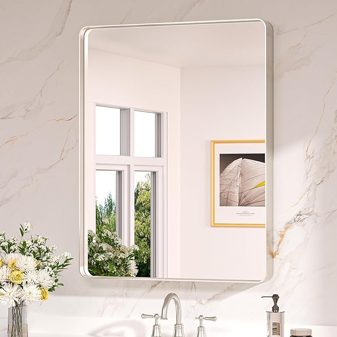 Keonjinn 28 x 36 Inch Brushed Nickel Bathroom Mirrors for Over Sink, Rounded Rectangle Silver Bathroom Vanity Mirror, Farmhouse Mirror for Wall, HD Tempered Glass, Anti-Rust Aluminum Alloy Mirror