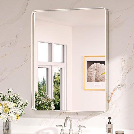 Keonjinn 28 x 36 Inch Brushed Nickel Bathroom Mirrors for Over Sink, Rounded Rectangle Silver Bathroom Vanity Mirror, Farmhouse Mirror for Wall, HD Tempered Glass, Anti-Rust Aluminum Alloy Mirror