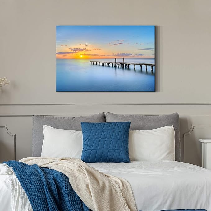 Ocean Canvas Wall Art Bathroom: Sea Sunset Picture Seascape Scene Dock Print Artwork Beach Coastal Pier Painting for Living Room Home Decorations 36 x 24 Inch