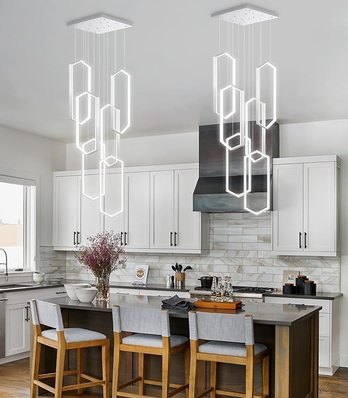 6 Rings Modern Chandelier LED Dimmable Pendant Lighting Adjust Flush Mount Ceiling Light for Foyer Lobby Living Room Staircaes Sliver 78.7''