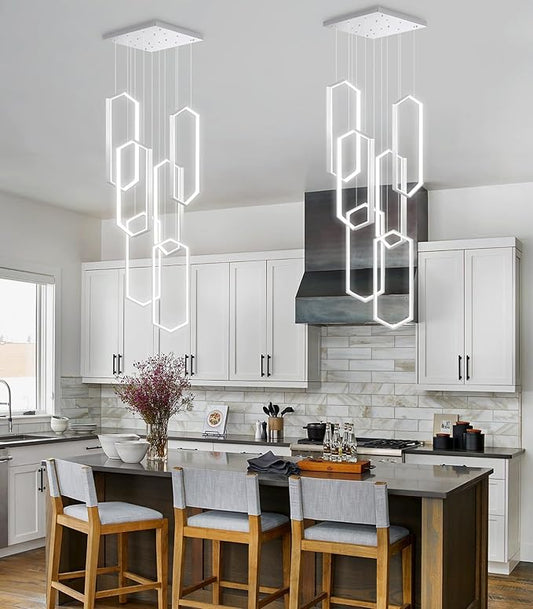 6 Rings Modern Chandelier LED Dimmable Pendant Lighting Adjust Flush Mount Ceiling Light for Foyer Lobby Living Room Staircaes Sliver 78.7''