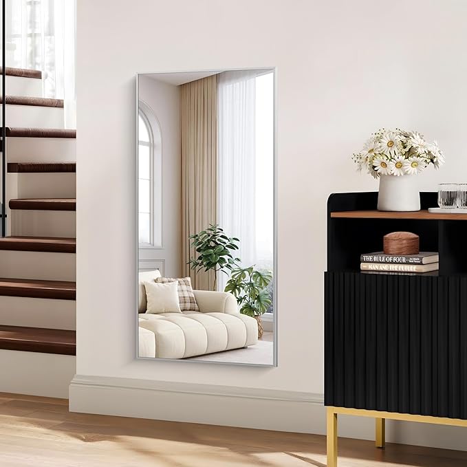 KOCUUY Silver Bathroom Mirror, 48"x24" Rectangle Bathroom Mirror for Wall, HD Tempered Glass, Anti-Rust Brushed Silver Frame, Modern Design for Bathroom, Bedroom, Living Room, Entryway.