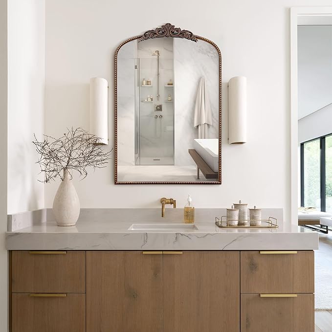 Micasso Traditional Ornate Bronze Mirror: 36" x 24" French Baroque Antique Mirror - Decorative Vintage Arched Mirrors for Wall/Bathroom/Entryway/Hallway - Home Decor for Living Room