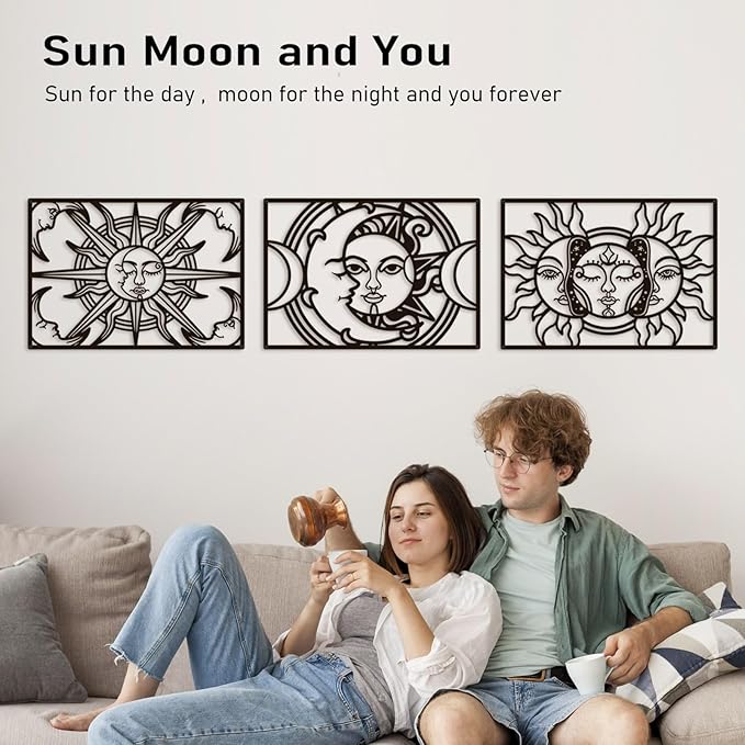 Bakovity Black Metal Wall Decor, Black Abstract Wall Art, Moon Line Art Décor, 3D Sculptures, Large Bohemian Aesthetic Black and White Wall Art for Bedroom Bathroom Living Room (3 Pcs, 17 x 12 in)