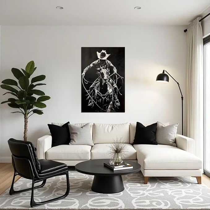 Black White Western Cowboy Canvas Wall Art Vintage Southwestern Wall Decor Prints Poster Pictures for Bedroom Bathroom Living Room Office Home Decortion Framed(28L" x 44W")