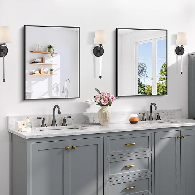 Black Bathroom Mirror for Wall, 18x24 Inch Rectangle with Metal Frame, Modern Vanity for Bathroom Living Room, Entryway Hangs Horizontal or Vertical