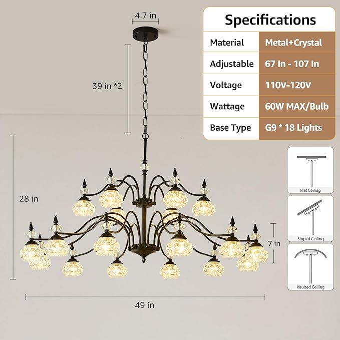 49 Inch 2 Tier Vintage Black Chandelier for Dining Room, 18-Light Antique Pendant Light Crystal Glass Shade, Modern Farmhouse Chandeliers for Foyer, High Ceiling, Hallway