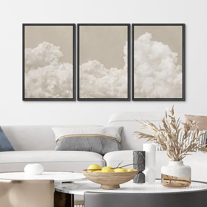 MUDECOR Framed Wall Art Print Set Serene Sky Filled with Fluffy Clouds Illustrations Modern Art Decorative Colorful Chic for Living Room, Bedroom, Office - 16"x24"x3 Black