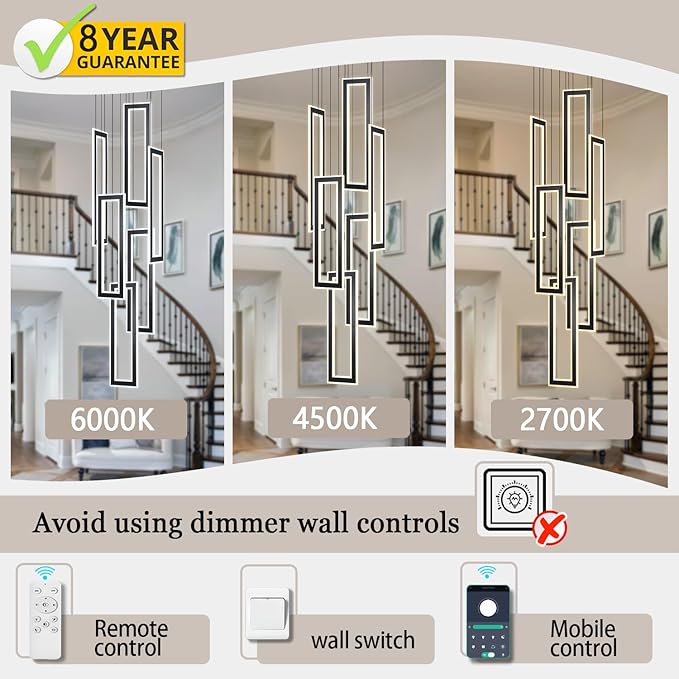 Modern Chandeliers, Black Chandelier with 6 Ring Led Foyer Chandeliers,Larger High Ceiling Chandelier for Living Room,Square Chandeliers for Entryway Staircase LED Dimming 2700k-6000k