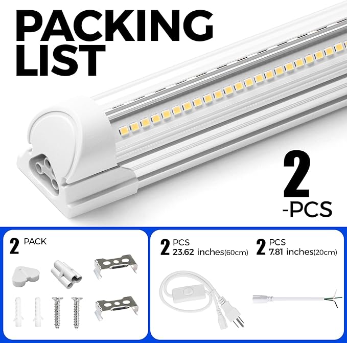 Barrina 5000K 1.5FT LED Shop Light, 3450LM, 25W, T8 Under Cabinet Lighting, Workbench, Workshop, Room, Kitchen, Tube Light, Linkable Ceiling Lights Fixture with Built-in ON/Off Switch, ETL, 2 Packs