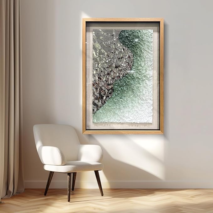 BrightA Embossed Metal Wave Wall Art - Hand-Painted Tissue Paper Gradient (Mist Green) and Silver 3D Wall Art, Contemporary Abstract Metal Sculpture for Living Room 27.5"x 39.4"