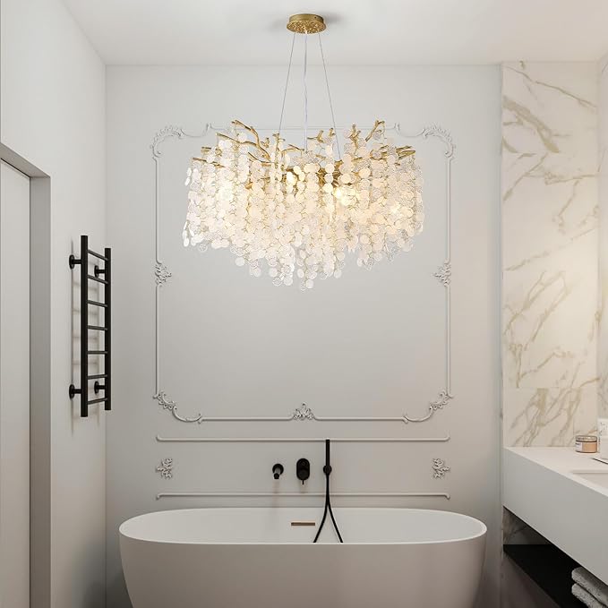 32 Inch Gold Crystal Chandelier, 10-Light Coastal Chandeliers for Dining Room, Large Modern Tree Branch Light Fixtures, Seashell Chandelier for Entryway Foyer Bathroom Living Room, E12