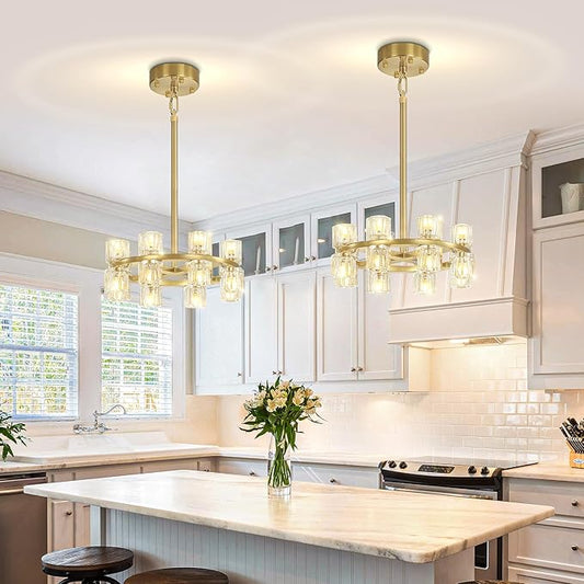 D16 Small Wagon Wheel Chandeliers 16-Lights Gold Round Chandelier Pendant Light for Kitchen Island Crystal Chandeliers for Dining Room,Living Room