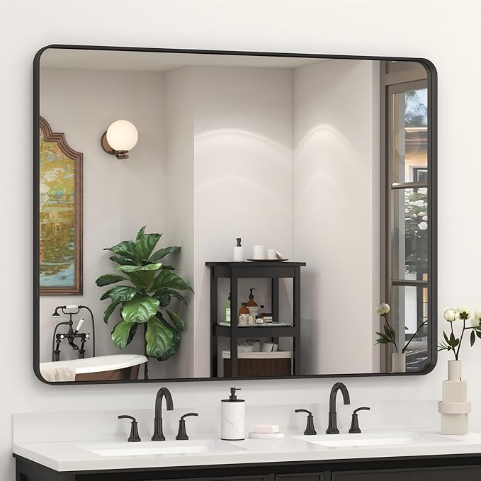 48x36 Inch Black Framed Bathroom Mirror for Wall, Matte Black Metal Wall Mirror, Black Rectangle Vanity Mirror, Tempered Glass, Anti-Rust, Hangs Vertically or Horizontally