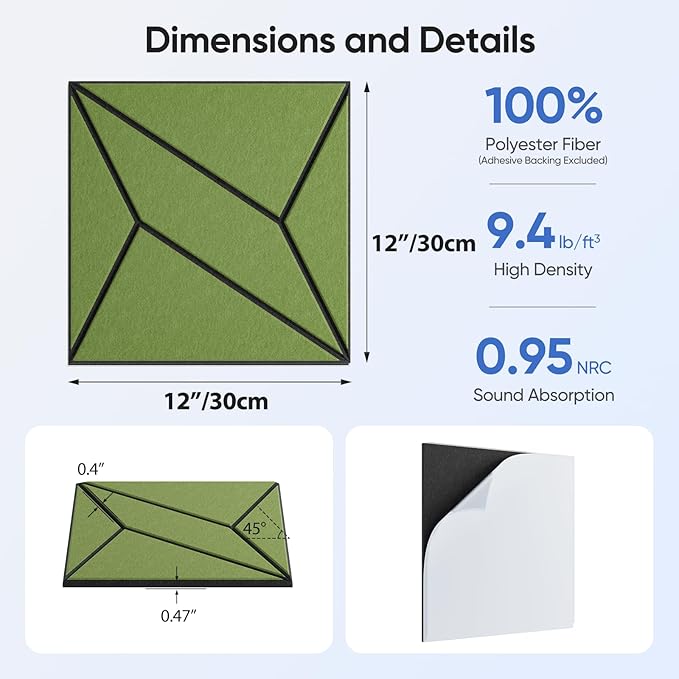 12 Pack 12" X 12" X 0.47" Acoustic Panels for Wall Sound Absorbing, Dual-Color P-Stripes Square Self-Adhesive Sound Panels, High Density Suitable for Multiple Scenarios(Black+DarkGreen)