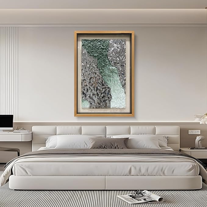 LIUZEYUE - Handmade Original Wall Art - Solid Wood Frame, Linen Hand - painted, Paper Crafts, Stainless Steel Combined Wall Hangings for Wall Decoration 31.5"x47.2"