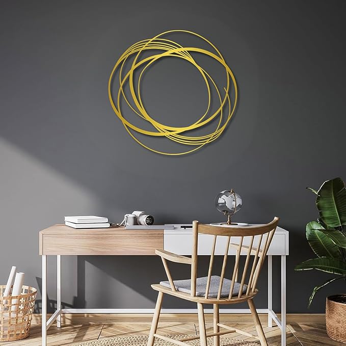 Large Modern Minimalist Abstract Geometric Metal Wall Art, Contemporary Line Sculpture, Boho Farmhouse Hanging Decor for Living Room, Bedroom, Entryway, Office – Gold 29.5"x28.7"