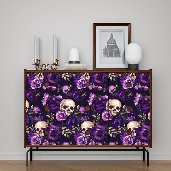 Black Floral Peel and Stick Wallpaper Vintage Boho Sugar Skull Contact Paper Gothic Flower Wall Mural Home Vinyl Waterproof Self Adhesive Removable Renter Friendly Wall Paper 17.5" x 393"