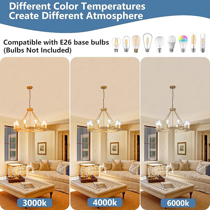 9MMML Gold Wagon Wheel Chandelier, 10-Light Industrial Pendant Light, 26.7'' Farmhouse Ceiling Hanging Chandelier Light Fixture for Living Room, Bedroom, Entryway, Foyer