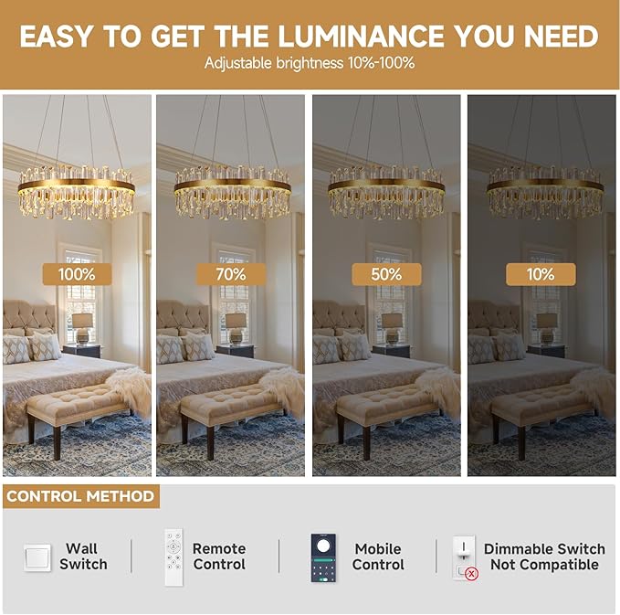 Modern Gold Crystal Led Chandelier: 23.6" Round 3 Color Dimmable K9 Luxury Crystals Chandeliers for Dining Room Lights over Table - Elegant Contemporary Living Room Bedroom Kitchen Light with Remote