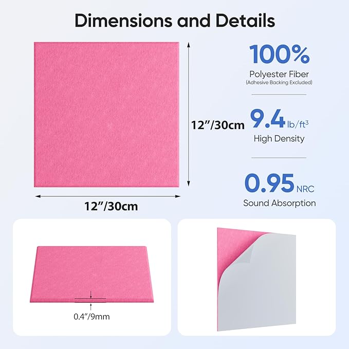 12 Pack 12" X 12" X 0.4" Acoustic Panels for Wall Sound Absorbing, Square Self-Adhesive Sound Panel, High Density Suitable for Multiple Scenarios(PeachPink)