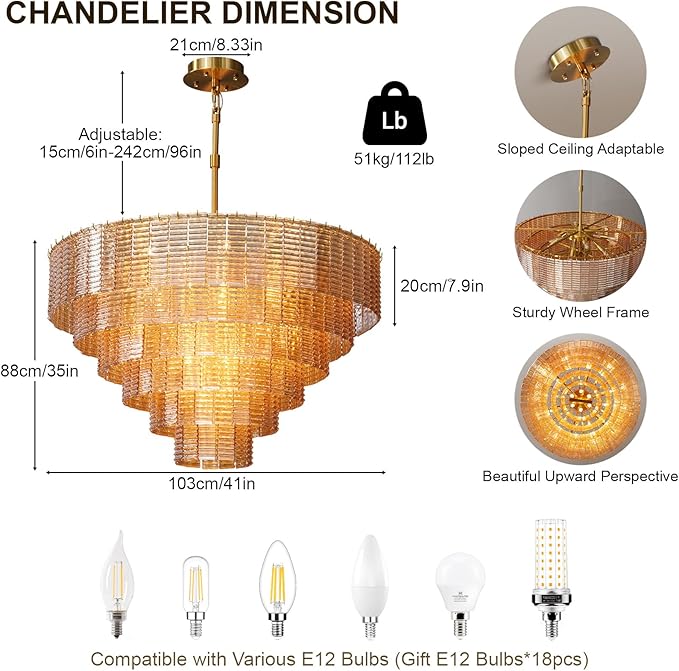 Large Chandelier, 41" Gold Chandelier for Dining Room, 18-Light Round Drum Kitchen Island Hanging Light Fixture，Amber Glass Linear Chandeliers Perfect for Living Room, Bedroom,Kitchen, Foyer