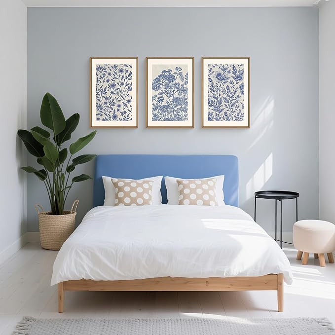 Large Classic Chinoiserie Flower Framed Canvas Wall Art Set,Minimalist Blue and White Floral Wall Decor,Navy Watercolor Botanical Blossom Artwork for Living Room,Bedroom-16 x24 x3