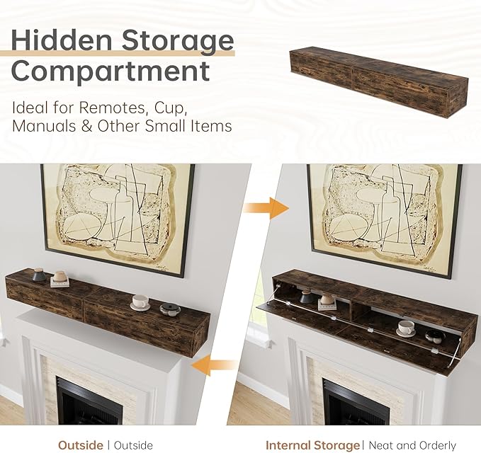 72inch Fireplace Mantel Shelf Rustic Fireplace Shelves,Wall-Mounted Floating Mantle for Fireplace or Living Room Decor,with Hidden Storage,MDF Wood,DIY Assembly Required,Brown (72Lx8Dx7H)