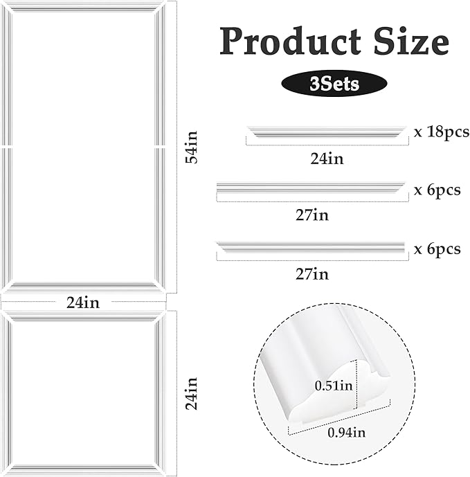 3 Sets Peel and Stick Molding Trim for Walls, Pre-Cut Wainscoting Panels 54x24 Inch Peel and Stick Wall Molding Kit, Self Adhesive Molding Trim for Walls,White Wall Moulding Trim Kit