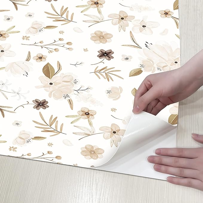 17.3"x118" Warm White Peel and Stick Wallpaper Autumn Floral and Leaf Wallpaper Self Adhesive Contact Paper Brown Flower Wall Paper Leaves Removable for Bedroom Furniture Decor
