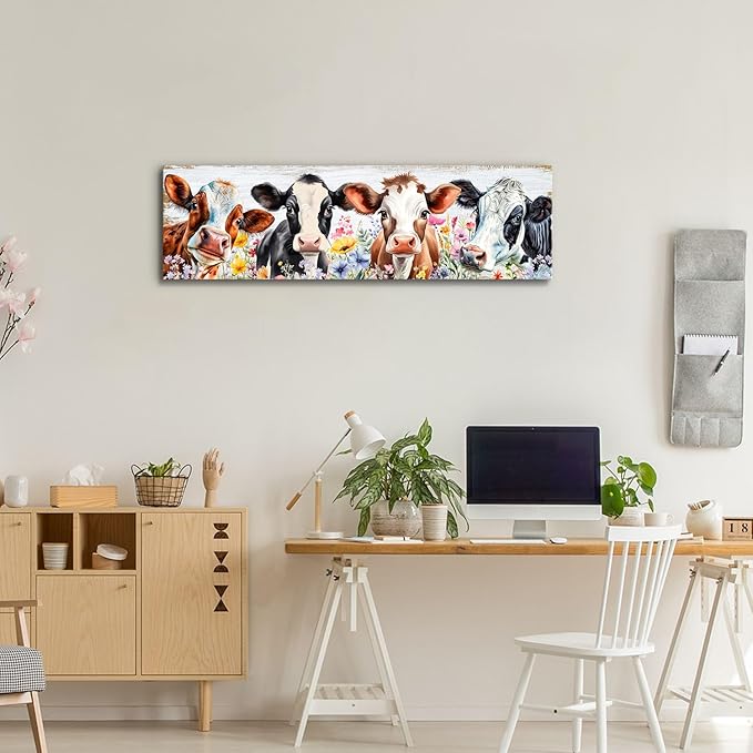 Country Cow Canvas Wall Art Kitchen Wall Decor Vintage Funny Cattle Flowers Picture Prints Rustic Farmhouse Painting Framed Colorful Wildflower Poster for Living Room Bedroom Decorations 14x48"