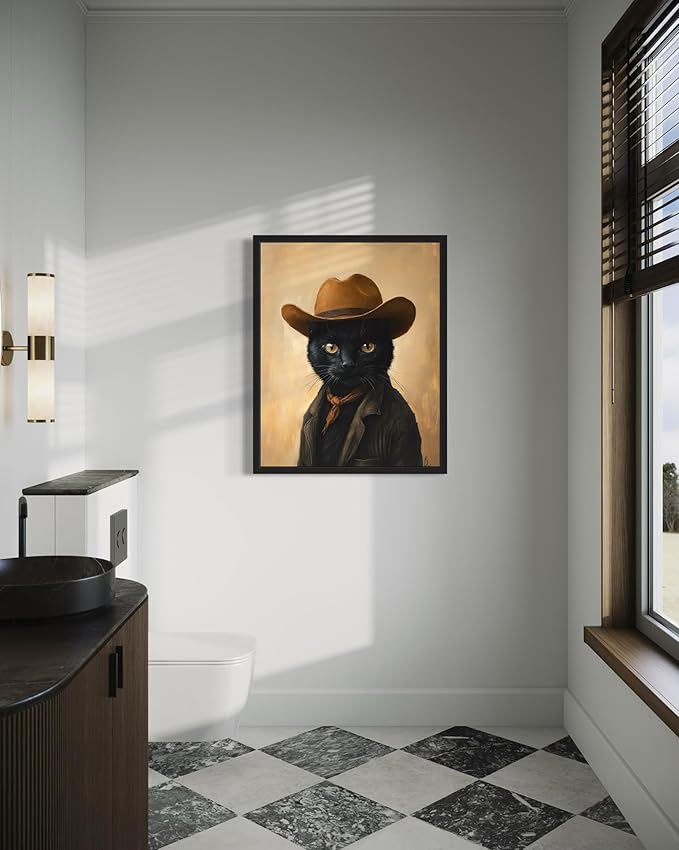 Black Cat Cowboy Art Print Poster Wall Art, Western Country Farmhouse Wild West for Bedroom, Bathroom, Living Room Art Decor 58 (Black Cat, 16 x 20 inches, Black Frame)