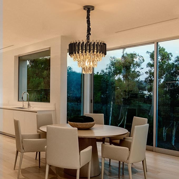 15" 5-Light Modern Crystal Chandelier Light Fixtures 3-Tier Black Gold Luxury Chandeliers for Dining Room Round Hanging Pendant Lighting for Living Room Kitchen Entryway Bedroom Hallway