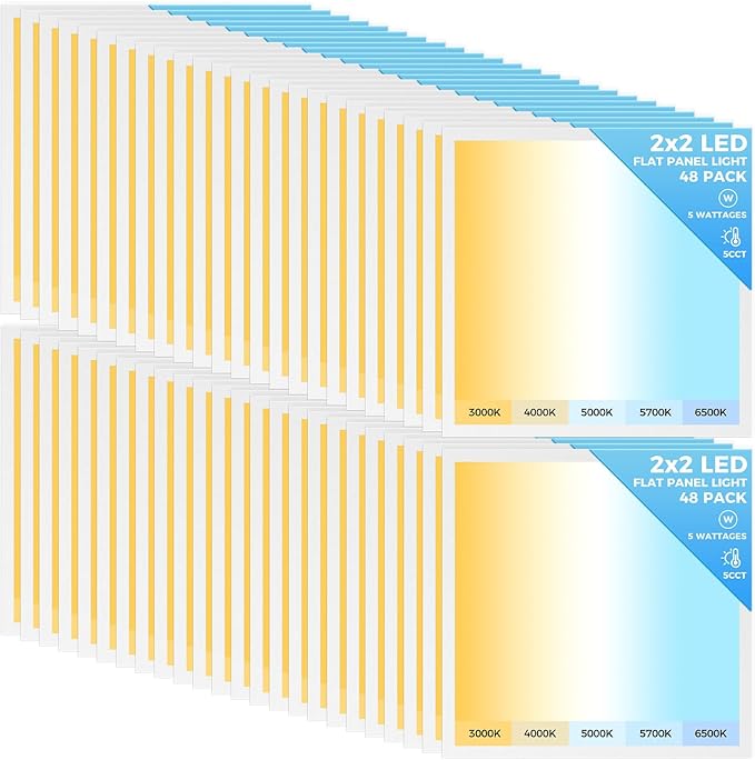 AIKVSXER 48 Pack 2x2 LED Flat Panel Light, Bright 6500LM Kitchen Drop Ceiling Light Fixtures,Dimmable,Selectable Features,5CCT 3000K/4000K/5000K/5700K/6500K, 5 Wattages 30W/35W/40W/45W/50W