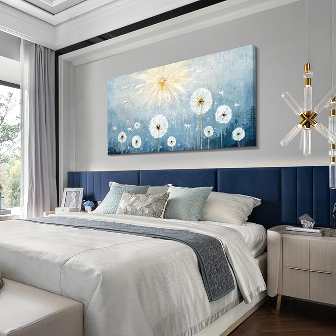 Nicetop Oversized Wall Art for Living Room – Extra Large Blue and White Floral Landscape Canvas Print, Botanical Wildflower Dandelion Picture, Nature Artwork for Big Bedroom Office Decor, 58x29 Inch