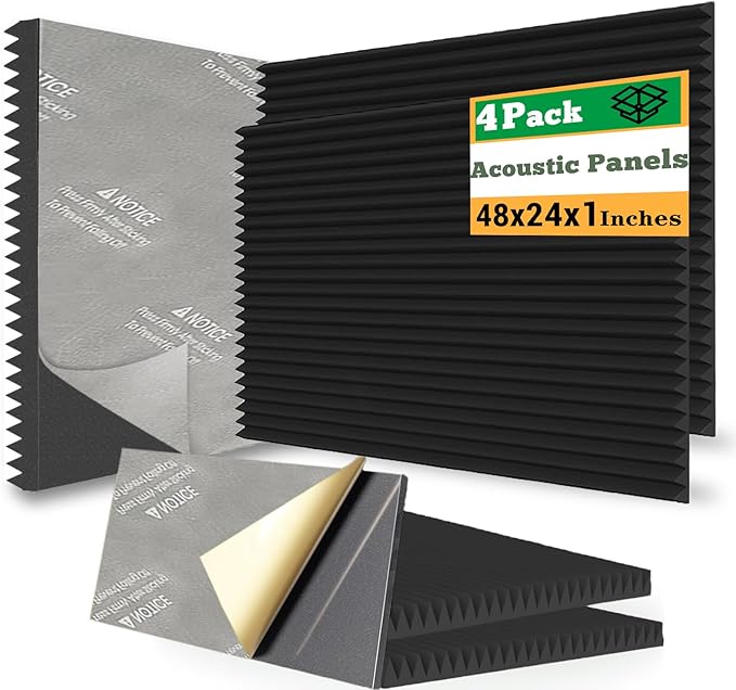 Acoustic Foam Panels, 4 Pack 48x24x 1 Inch Sound Absorbing Panel Upgraded Self-Adhesive Soundproof Wall Panels Treatment for Home Office Studio (4pc)