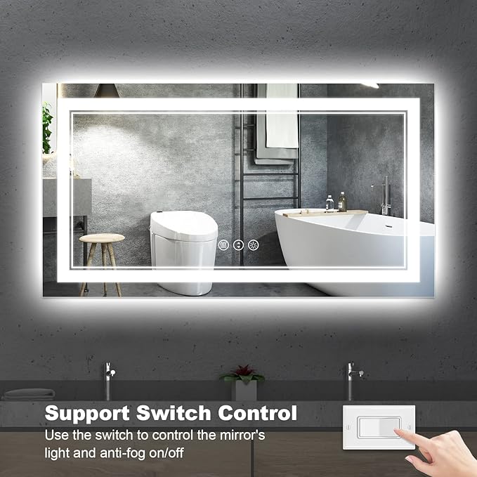 55x30 Inch LED Bathroom Mirror, Backlit and Front Light Anti-Fog Dimmable Memory Lighted Vanity Mirror, Large Shatterproof Wall-Mounted Led Mirror for Bathroom