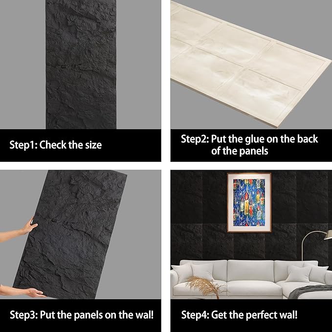 4-Pack 3D PU Stone Wall Panels for Interior Decor - Graphite Black, 43.30"x23.62"x1.18" | Faux Stone Accent Wall Tiles, Lightweight & Waterproof