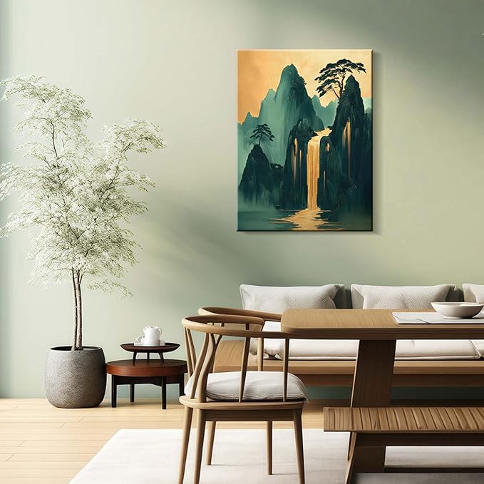 Framed Mountains Waterfall Oriental Landscape Green Gold Picture Wall Art Decor Canvas Print Modern Asian Zen Poster Gallery Bedroom Living Room Office 12x16 Inch Ready to Hang