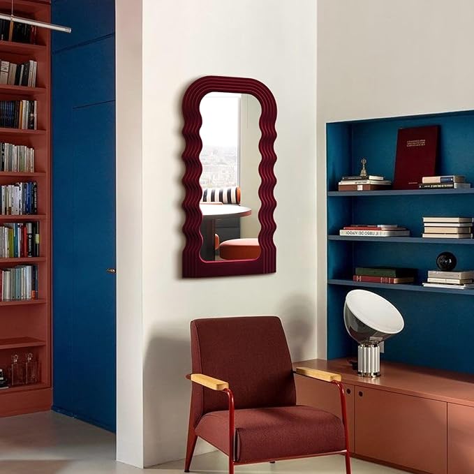 Mirror Wall Decor for Vintage Living Room Bedroom, 14x28 Asymmetrical Decorative Mirror for Entryway Porch Staircase, Retro Modern Hanging Wall Art Gift for Grandma Mom Sister (Wine Red)