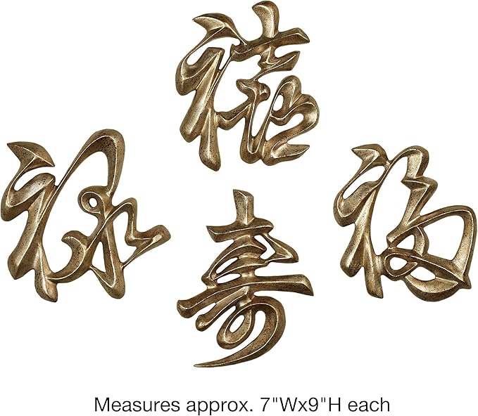 Oriental Chinese Symbols Wall Plaque Set of 4 Approx. 7"x9" Each Antique Gold